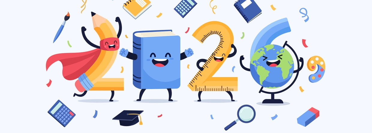 2026 afgebeeld in een potlood, meetlat, boek, aardbol met erom heen een rekenmachine, potlood, verfkwast, afstudeerhoed, boekje en verfpalet